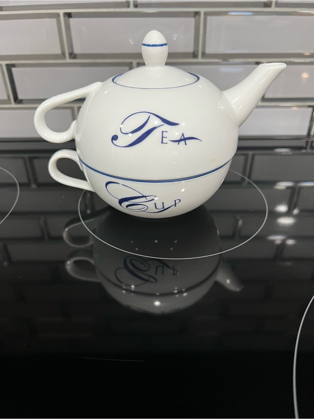 Andrea by Sadek Individual Tea Pot With Cup White And Blue Tea For One
